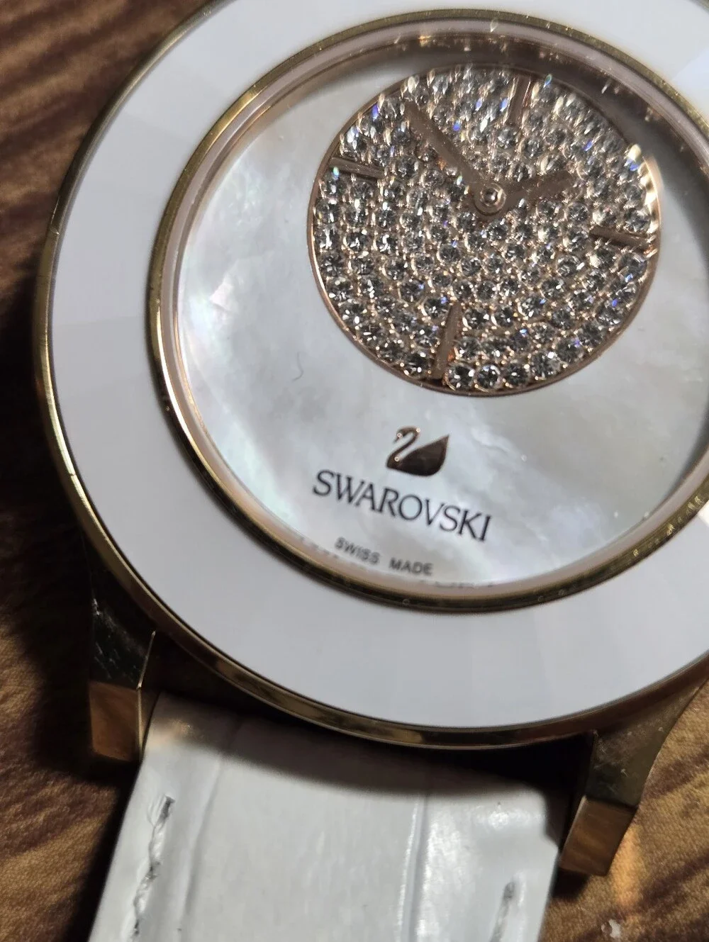 Swarovski Octea Classica White Leather Strap Watch with Crystal Dial